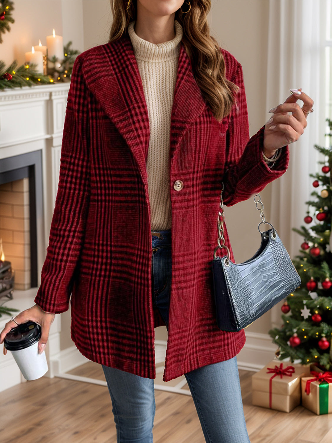 Plaid Collared Neck Long Sleeve Jacket - All Mine Now Clothing