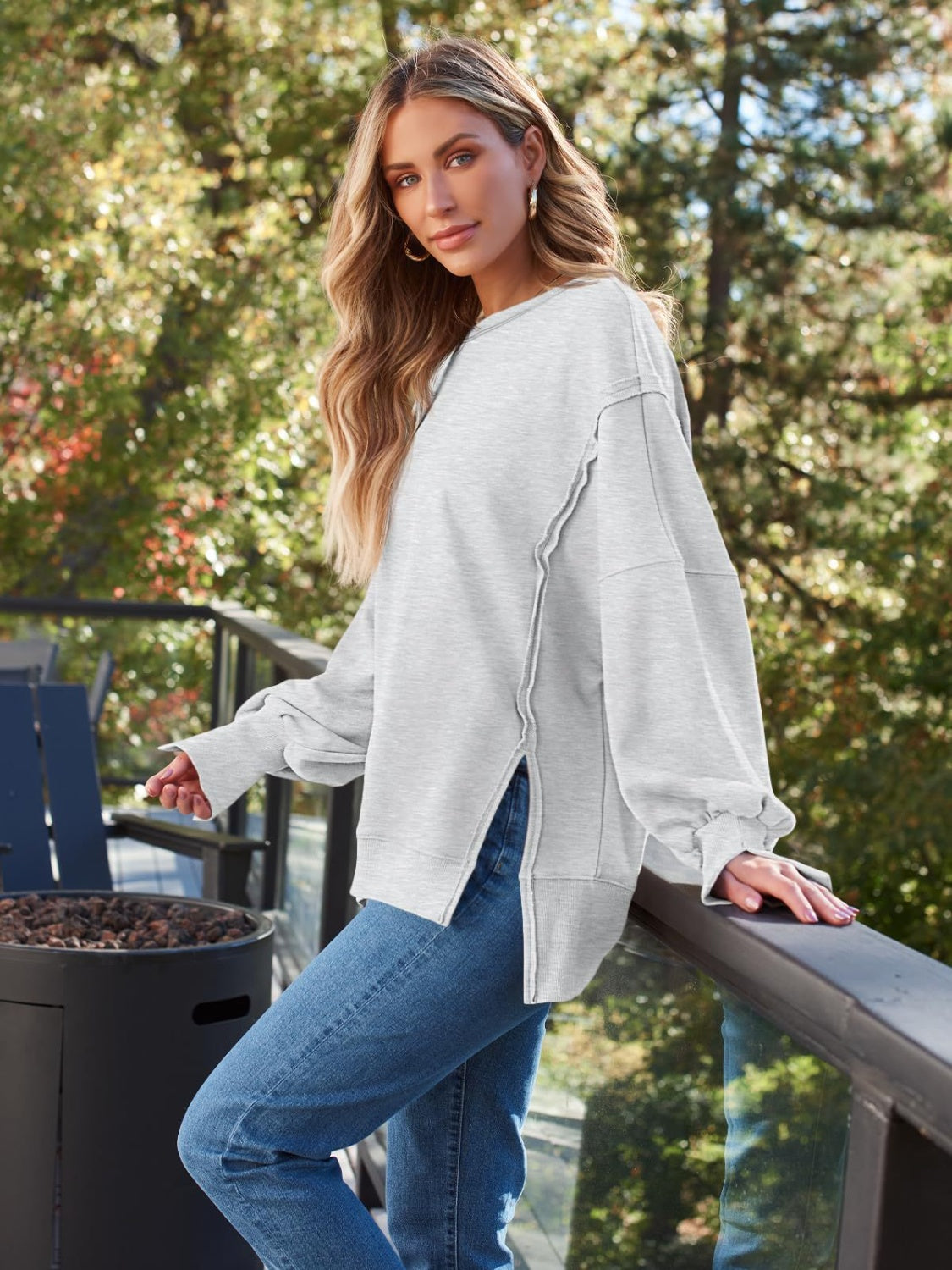 Slit Round Neck Long Sleeve Sweatshirt - All Mine Now Clothing