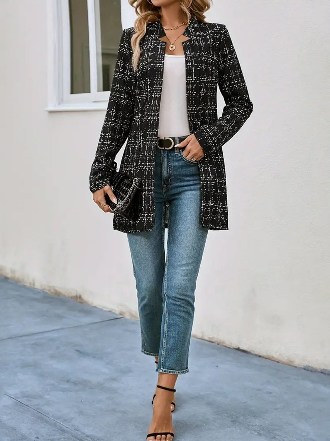 Plaid Open Front Long Sleeve Blazer - All Mine Now Clothing