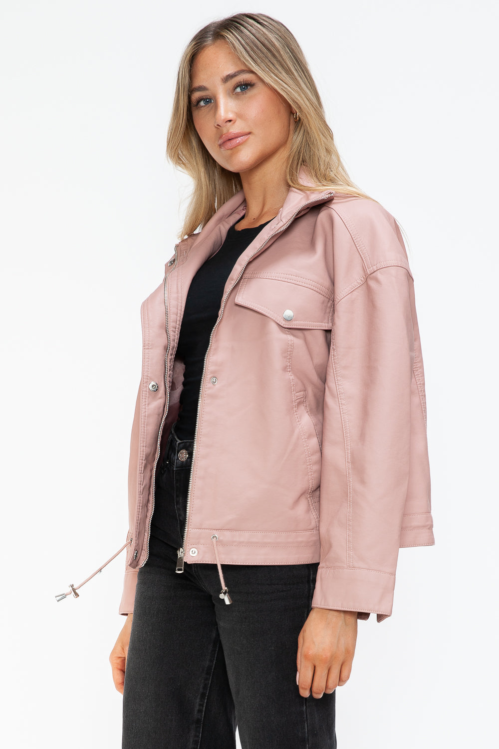 How Dare U Drawstring Hem PU Leather Zip Up Jacket - All Mine Now Clothing