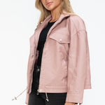 How Dare U Drawstring Hem PU Leather Zip Up Jacket - All Mine Now Clothing