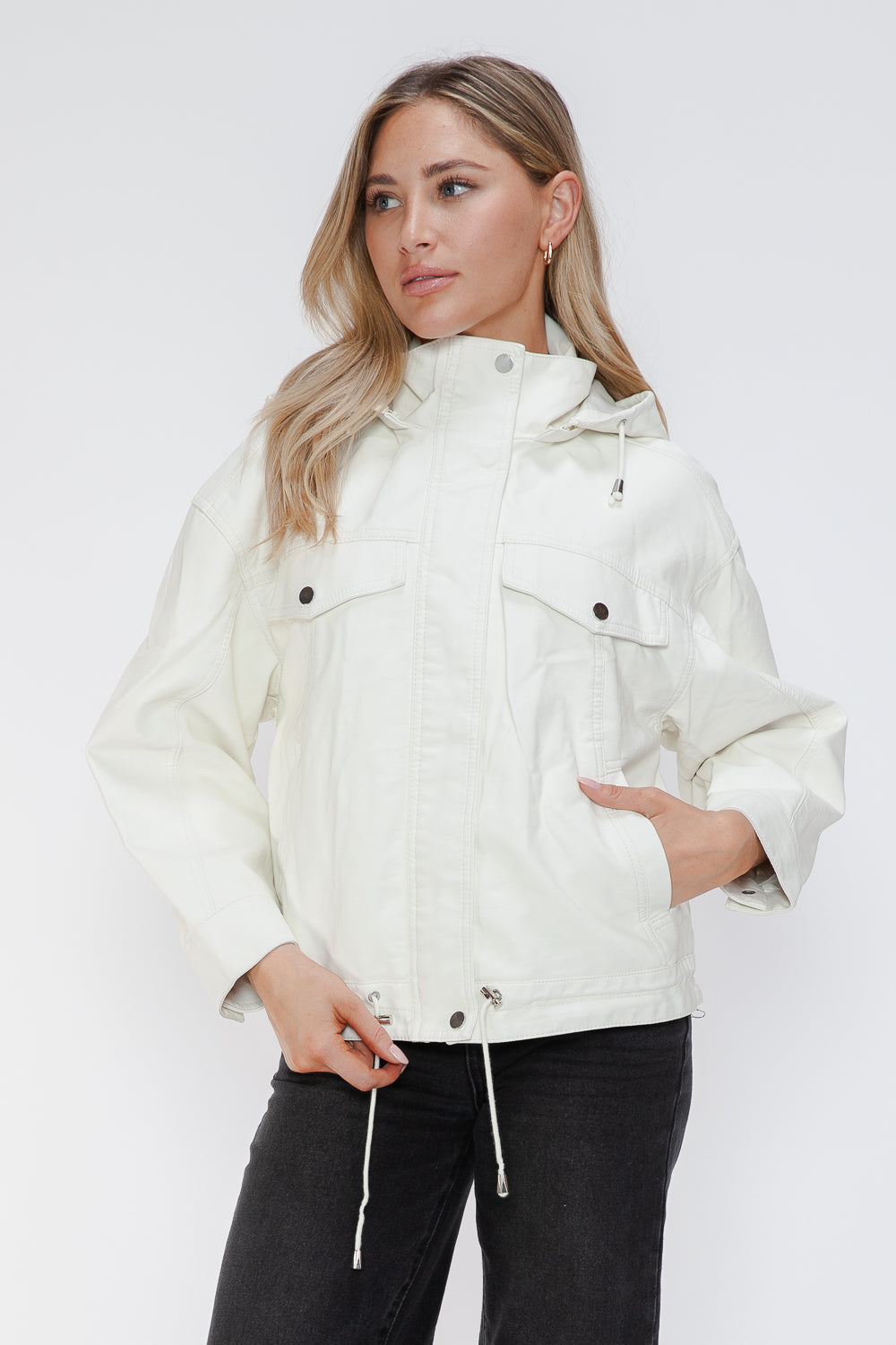 How Dare U Drawstring Hem PU Leather Zip Up Jacket - All Mine Now Clothing