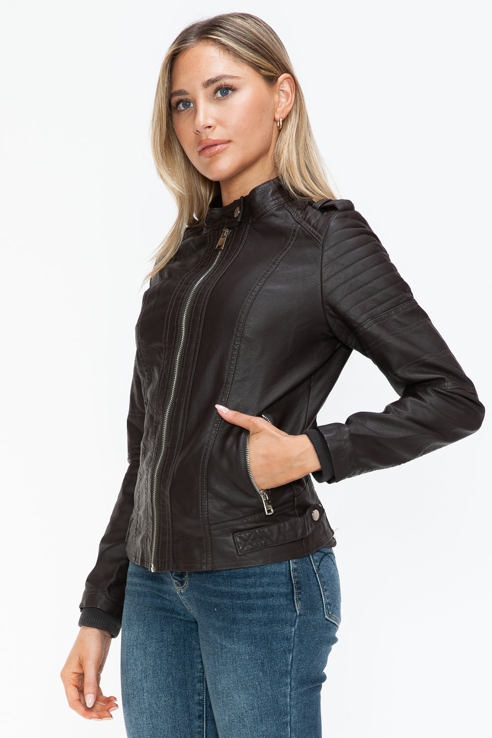 Snobbish PU Leather Biker Jacket with Side Zip Pockets - All Mine Now Clothing