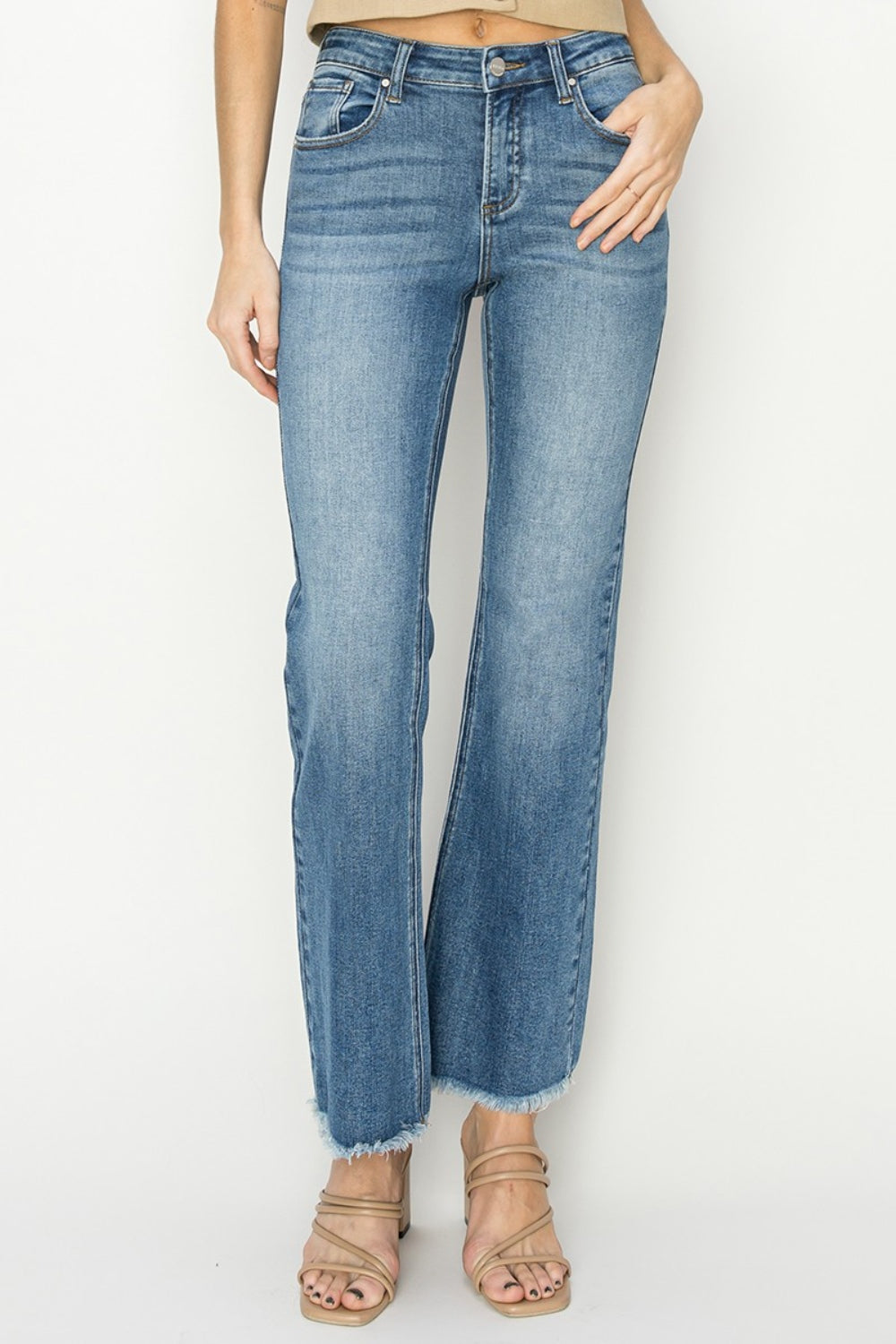 RISEN Mid-Rise Frayed Hem Bootcut Jeans Trendsi