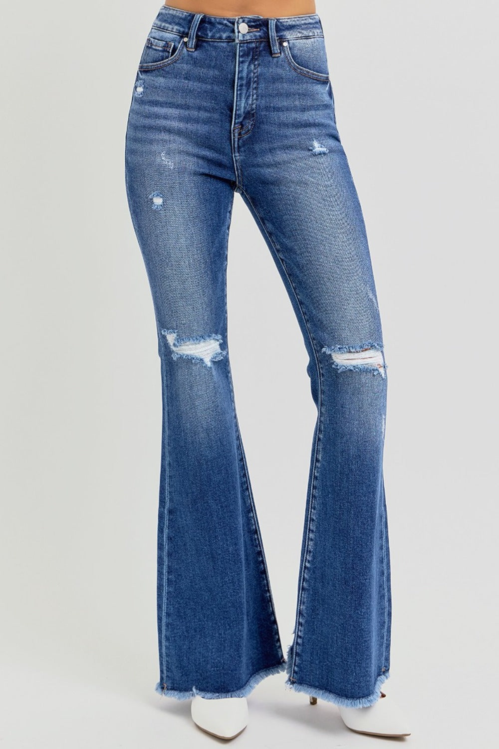 RISEN Full Size High Rise Distressed Raw Hem Flare Jeans Trendsi