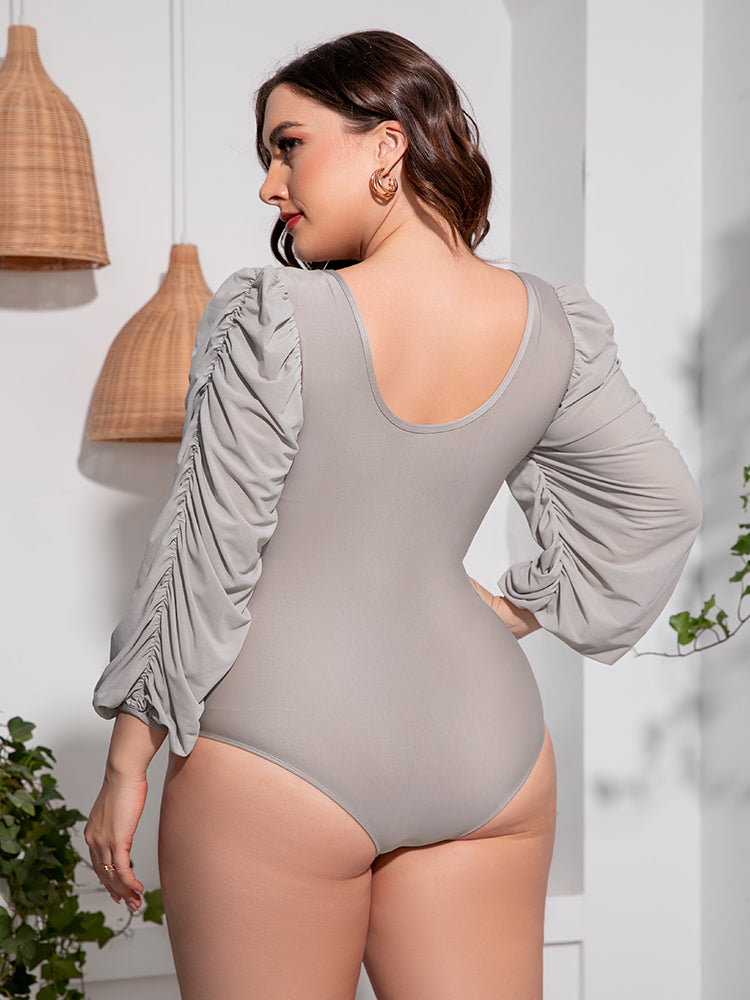 Plus Size Tied Deep V Balloon Sleeve One-Piece Swimsuit - All Mine Now Clothing