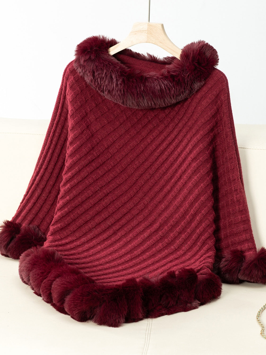 Fuzzy Trim Texture Three-Quarter Sleeve Poncho - All Mine Now Clothing