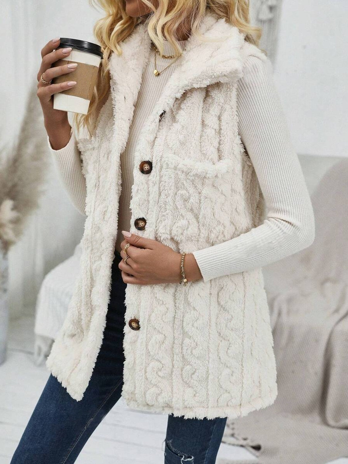 Fuzzy Button Up Vest Coat - All Mine Now Clothing