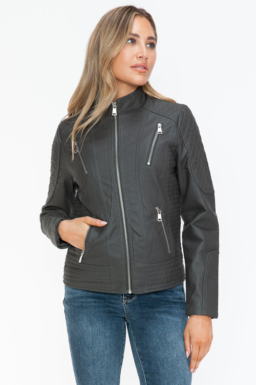 Snobbish Faux Leather Zip Up Mock Neck Jacket - All Mine Now Clothing