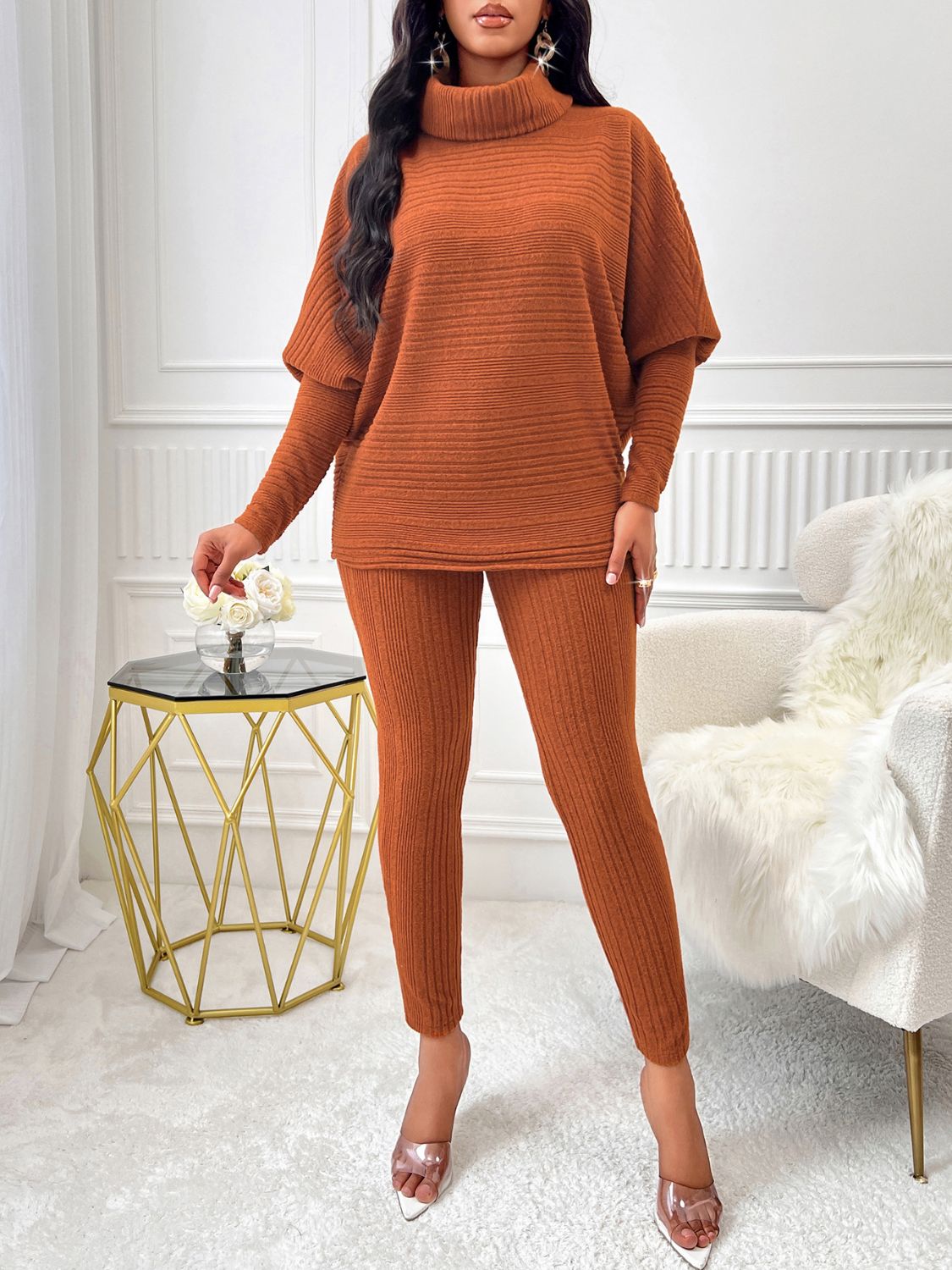 Turtleneck Batwing Sleeve Top and Pants Set - All Mine Now Clothing