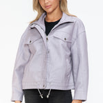 How Dare U Drawstring Hem PU Leather Zip Up Jacket - All Mine Now Clothing