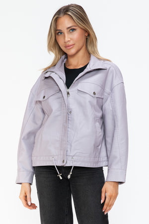 How Dare U Drawstring Hem PU Leather Zip Up Jacket - All Mine Now Clothing