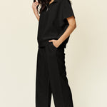 Double Take Full Size Texture Half Zip Short Sleeve Top and Pants Set - All Mine Now Clothing