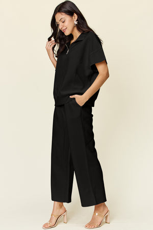 Double Take Full Size Texture Half Zip Short Sleeve Top and Pants Set - All Mine Now Clothing