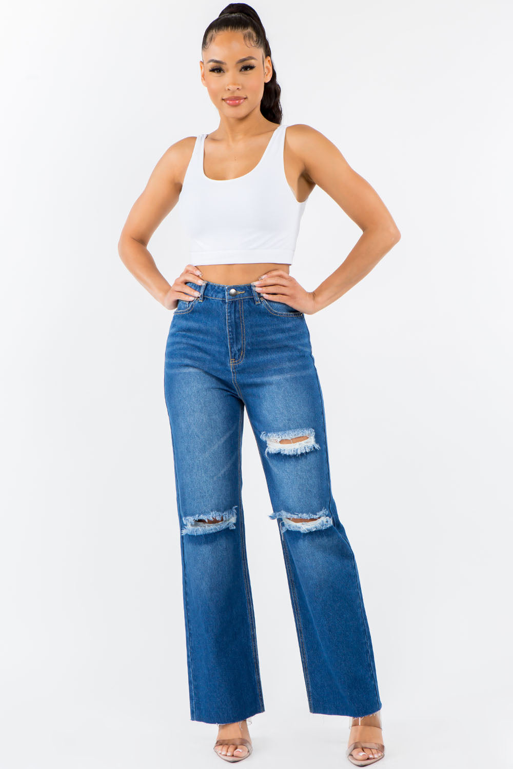 American Bazi High Waist Distressed Wide Leg Jeans - All Mine Now Clothing