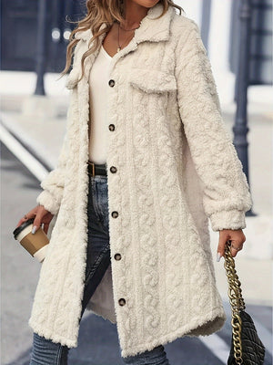 Fuzzy Button Up Long Sleeve Longline Coat Trendsi