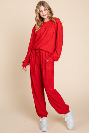 Super Lady Full Size Crinkle Check Round Neck Top and Pants Lounge Set - All Mine Now Clothing