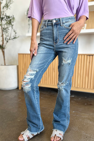 Judy Blue Full Size Distressed Raw Hem Bootcut Jeans - All Mine Now Clothing