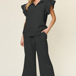 Double Take Texture Ruffle Short Sleeve Top and Drawstring Wide Leg Pants Set - All Mine Now Clothing