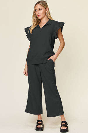 Double Take Texture Ruffle Short Sleeve Top and Drawstring Wide Leg Pants Set - All Mine Now Clothing