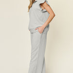 Double Take Texture Ruffle Short Sleeve Top and Drawstring Wide Leg Pants Set - All Mine Now Clothing