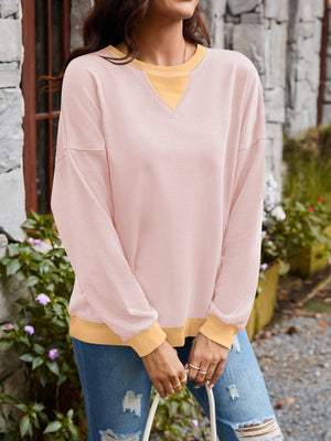 Lovelet Contrast Round Neck Long Sleeve Sweatshirt - All Mine Now Clothing