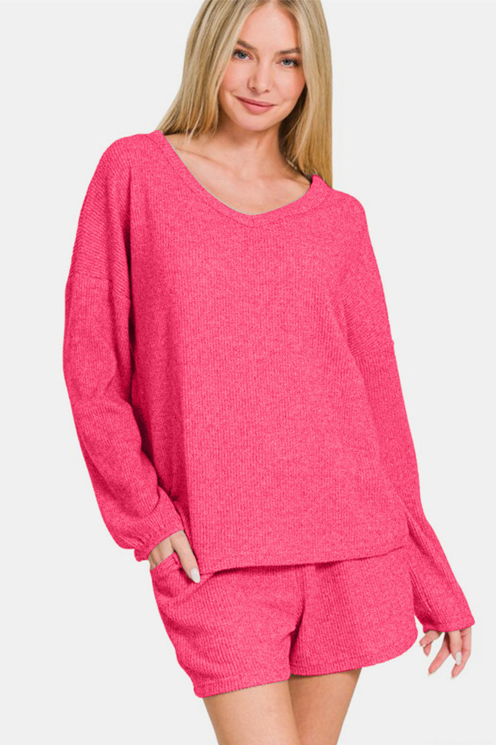 Zenana V-Neck Long Sleeve Ribbed Top and Shorts Set - All Mine Now Clothing