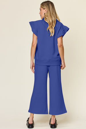 Double Take Texture Ruffle Short Sleeve Top and Drawstring Wide Leg Pants Set - All Mine Now Clothing