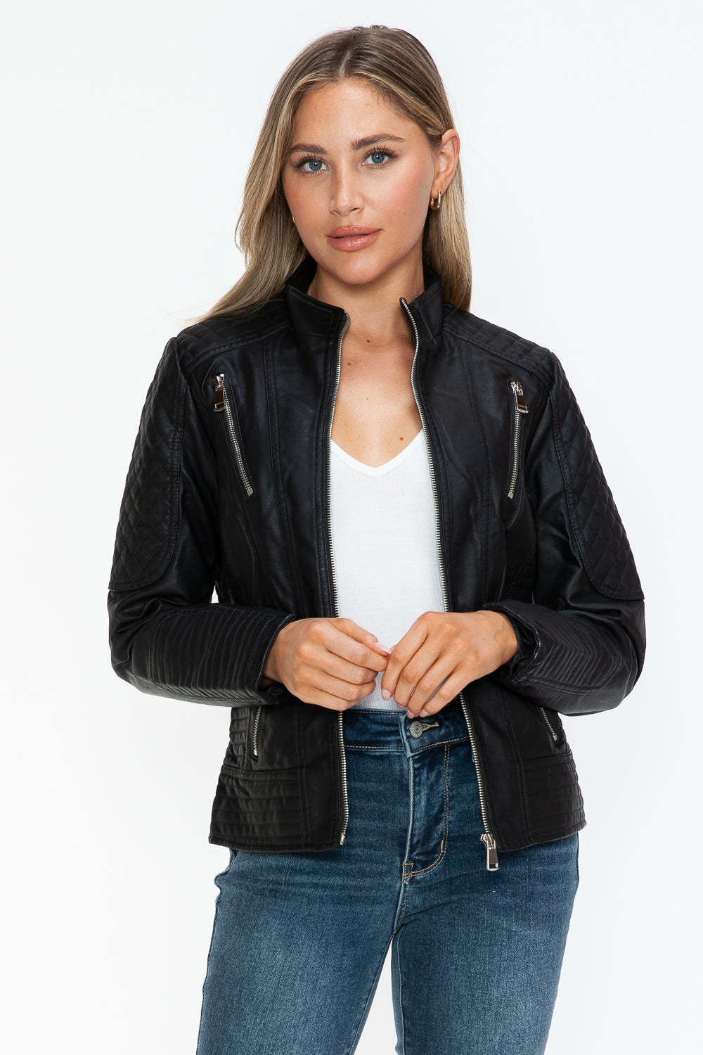 Snobbish Faux Leather Zip Up Mock Neck Jacket - All Mine Now Clothing