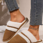 Contrast Faux Fur Round Toe Slippers