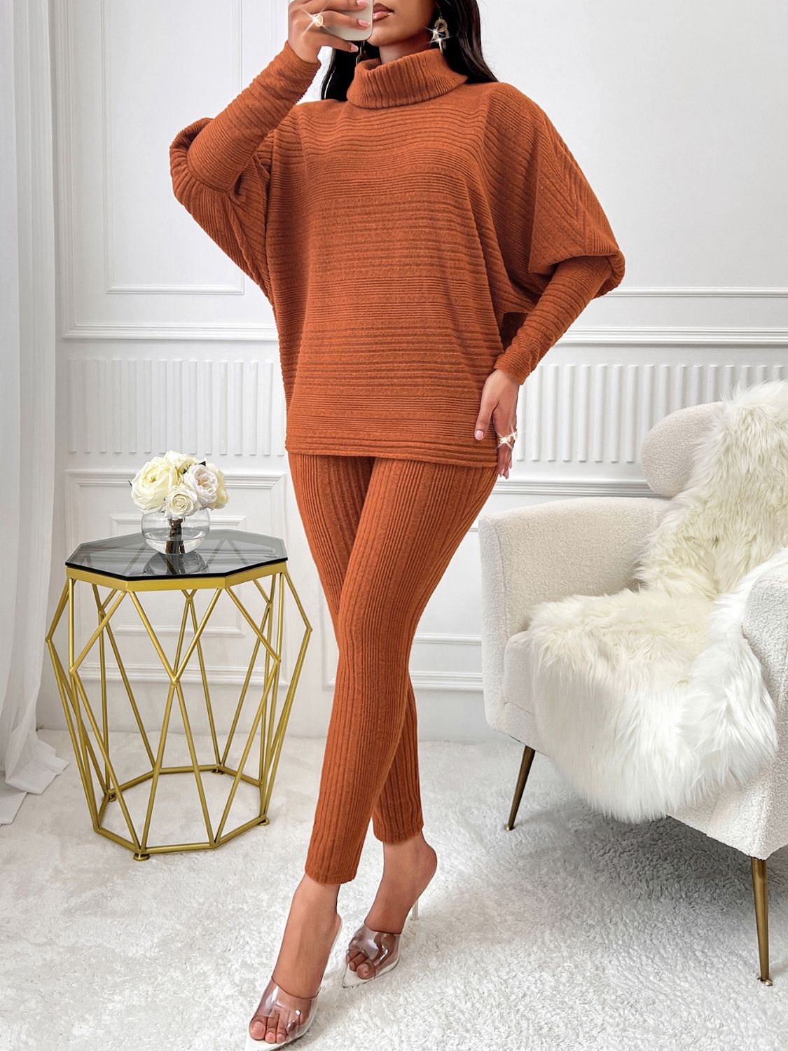 Turtleneck Batwing Sleeve Top and Pants Set - All Mine Now Clothing