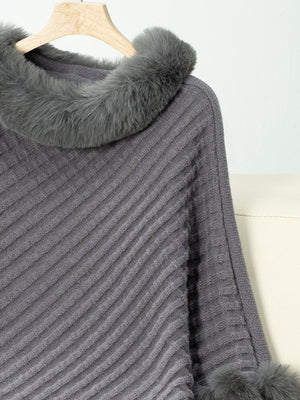 Fuzzy Trim Texture Three-Quarter Sleeve Poncho - All Mine Now Clothing