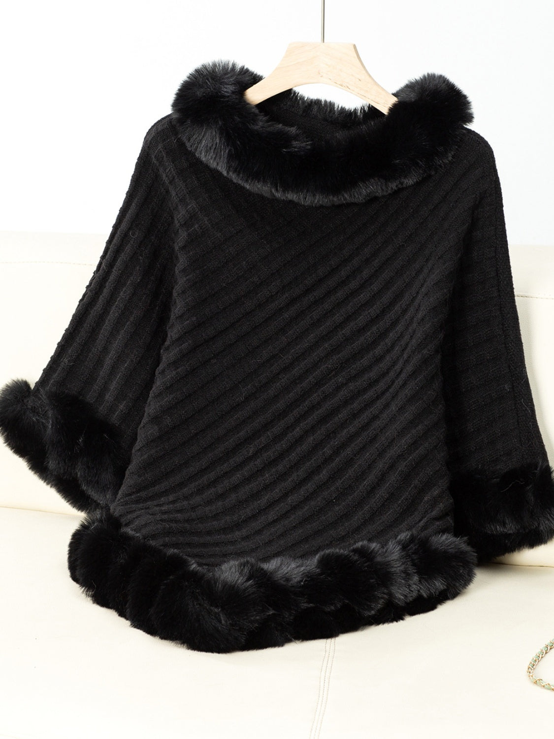 Fuzzy Trim Texture Three-Quarter Sleeve Poncho - All Mine Now Clothing