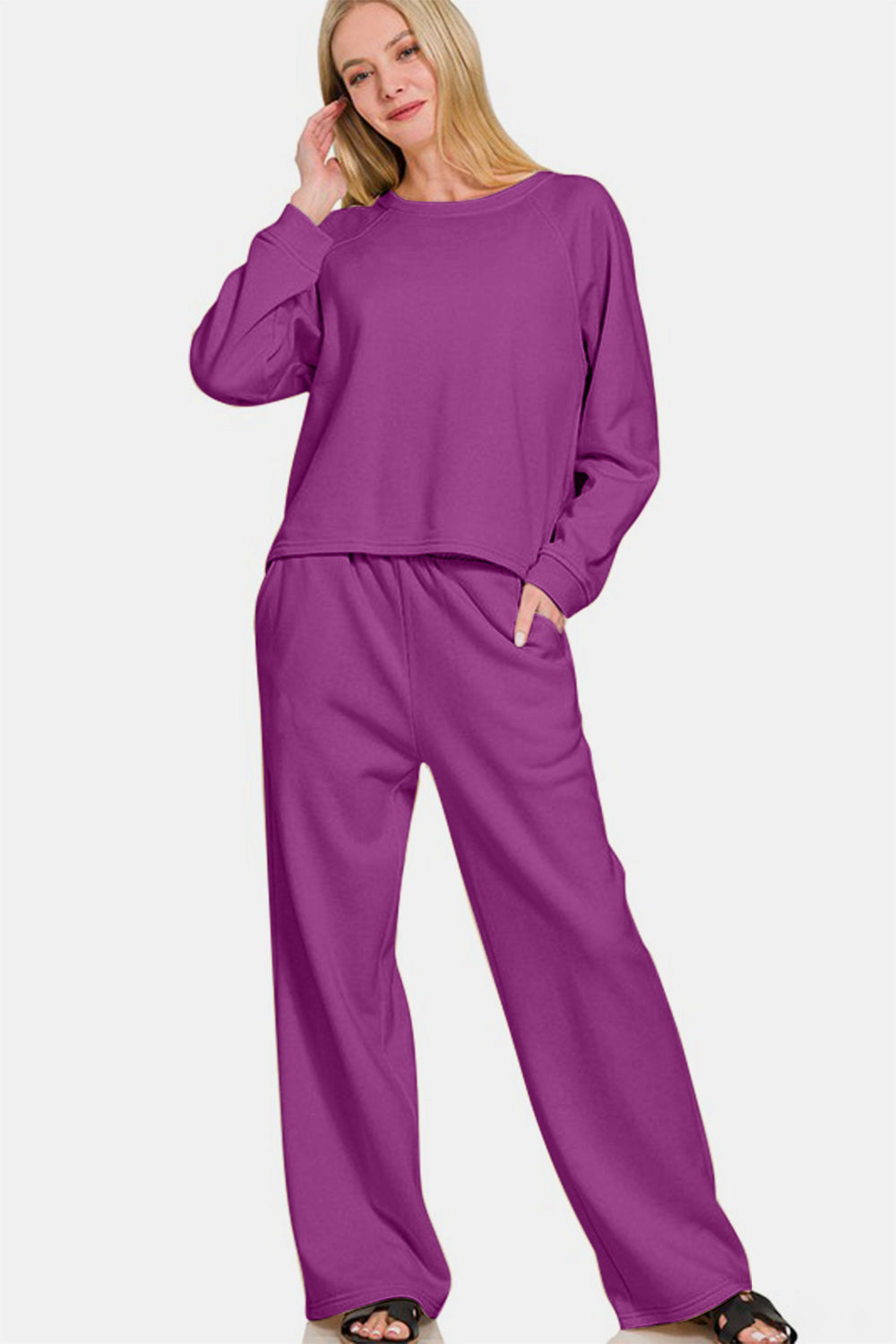 Zenana Round Neck Raglan Sleeve Top and Elastic Waist Pants Set - All Mine Now Clothing