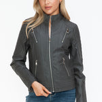 Snobbish Faux Leather Zip Up Mock Neck Jacket - All Mine Now Clothing