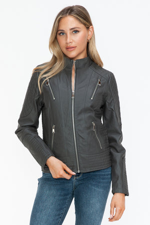 Snobbish Faux Leather Zip Up Mock Neck Jacket - All Mine Now Clothing