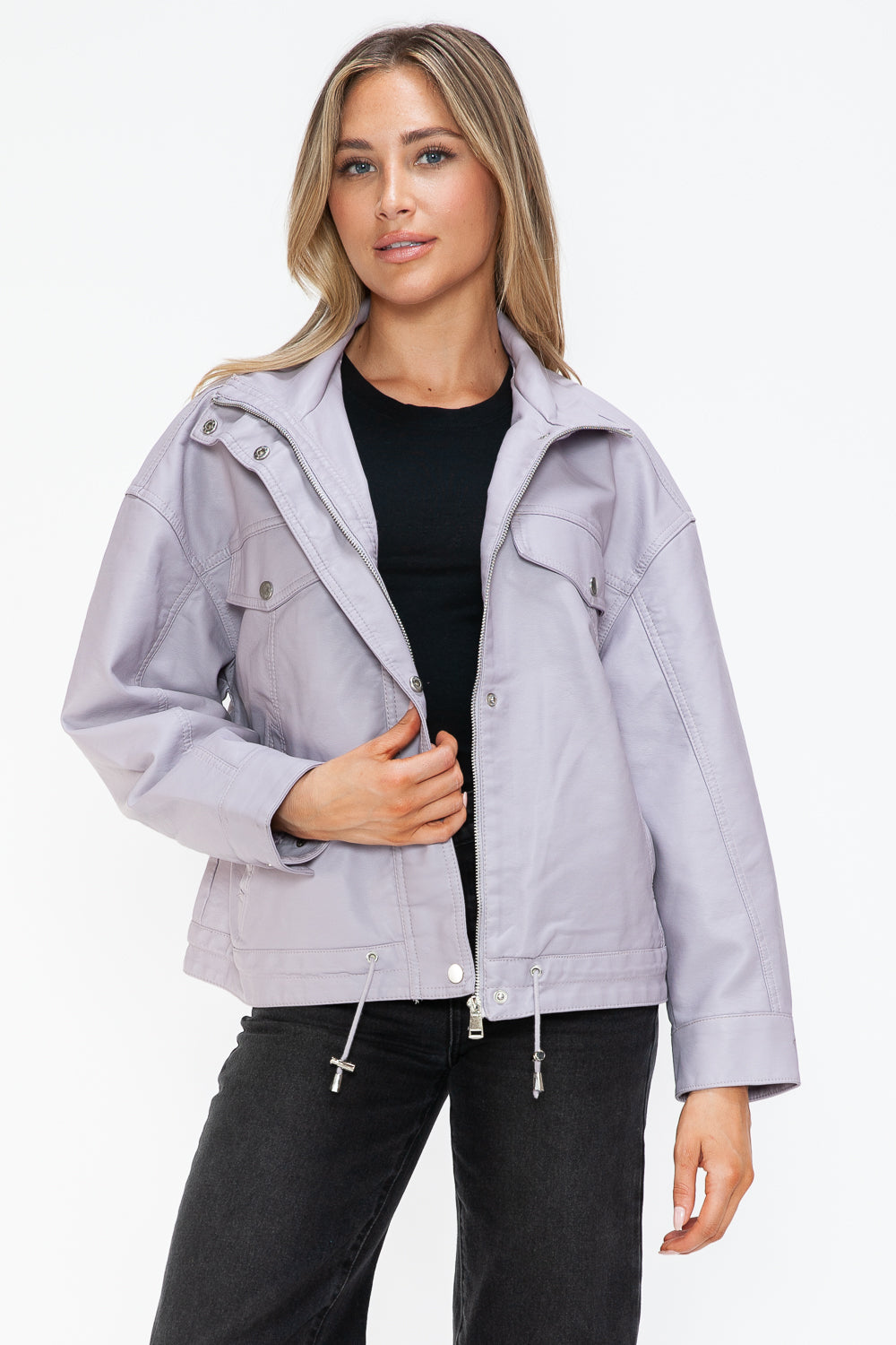 How Dare U Drawstring Hem PU Leather Zip Up Jacket - All Mine Now Clothing