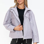 How Dare U Drawstring Hem PU Leather Zip Up Jacket - All Mine Now Clothing