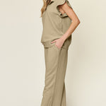 Double Take Texture Ruffle Short Sleeve Top and Drawstring Wide Leg Pants Set - All Mine Now Clothing