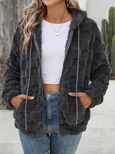 Checkered Texture Zip Up Drawstring Fuzzy Jacket - All Mine Now Clothing