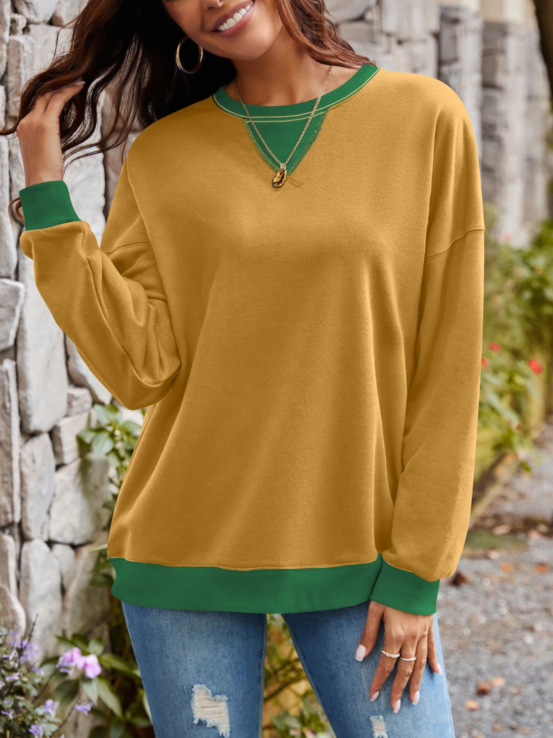 Lovelet Contrast Round Neck Long Sleeve Sweatshirt - All Mine Now Clothing