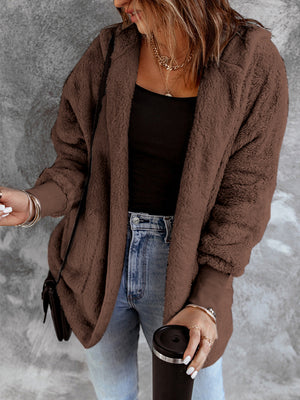 Open Front Hooded Faux Fur Outwear with Pockets - All Mine Now Clothing