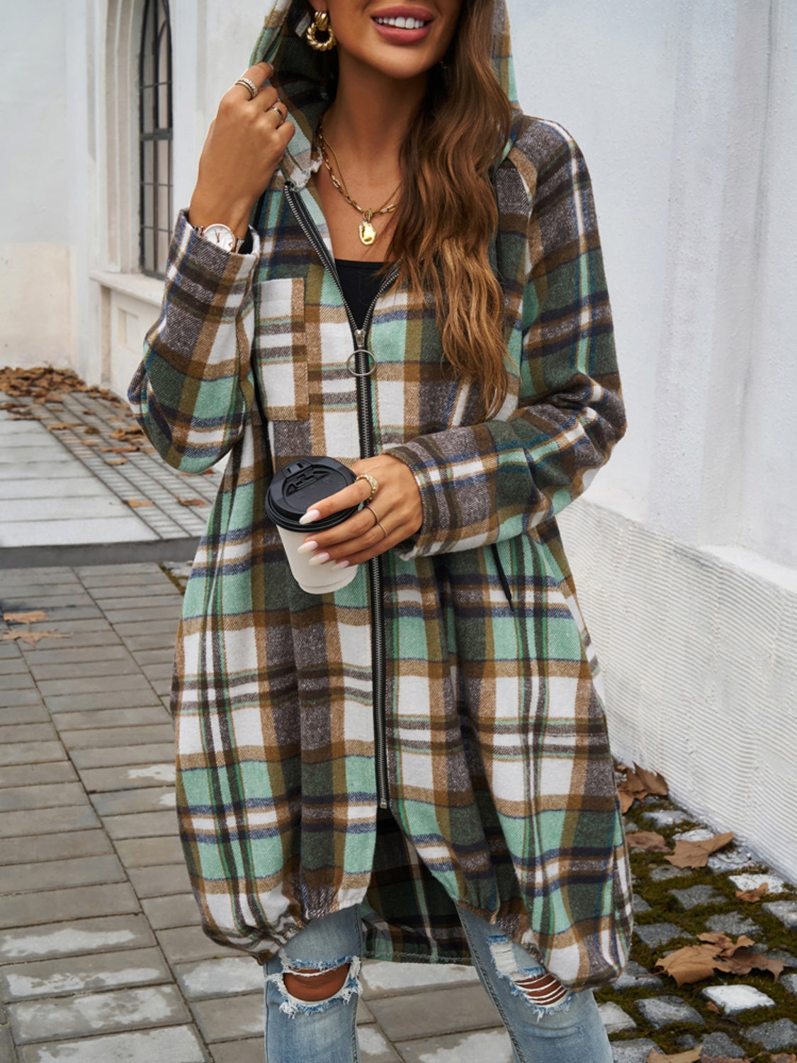 Devine Plaid Zip Up Hooded Coat - All Mine Now Clothing