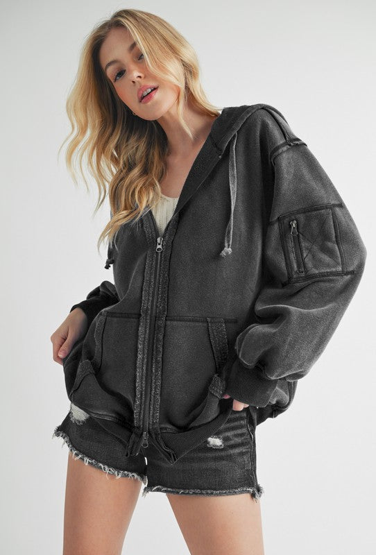 Aemi+Co Exposed Seam Zip Up Drawstring Hooded Jacket Trendsi