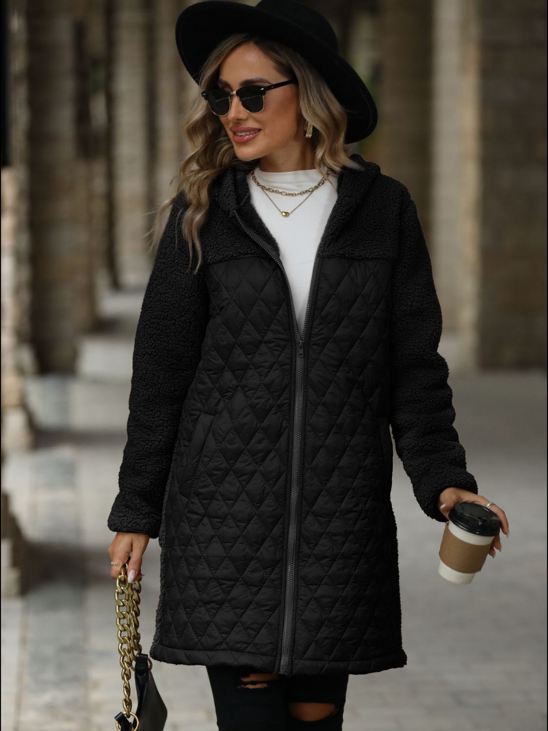 Texture Zip Up Long Sleeve Hooded Coat - All Mine Now Clothing