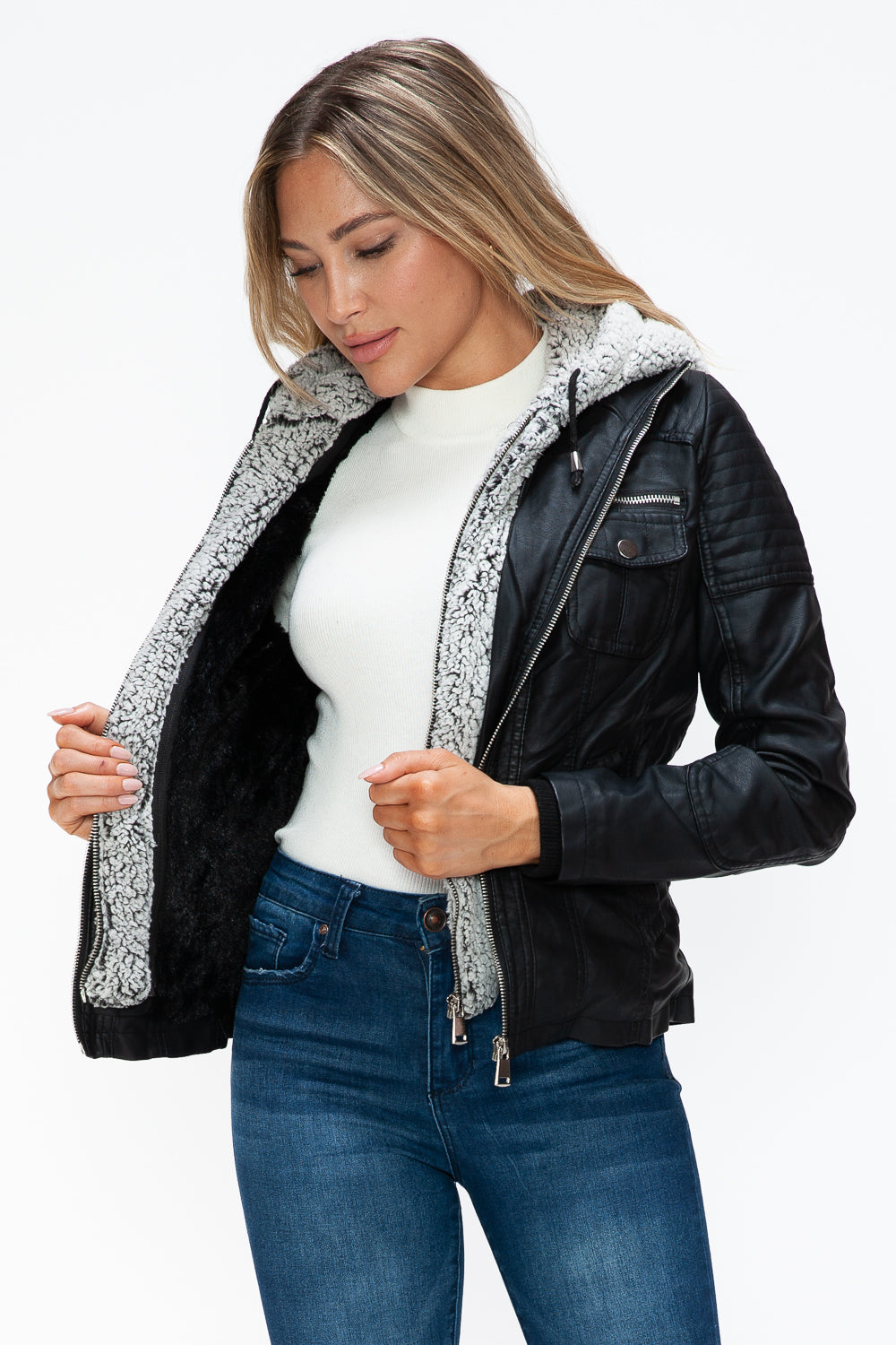 YMI Removable Faux Layered Multi-Pocket Jacket with Fuzzy Hood - All Mine Now Clothing