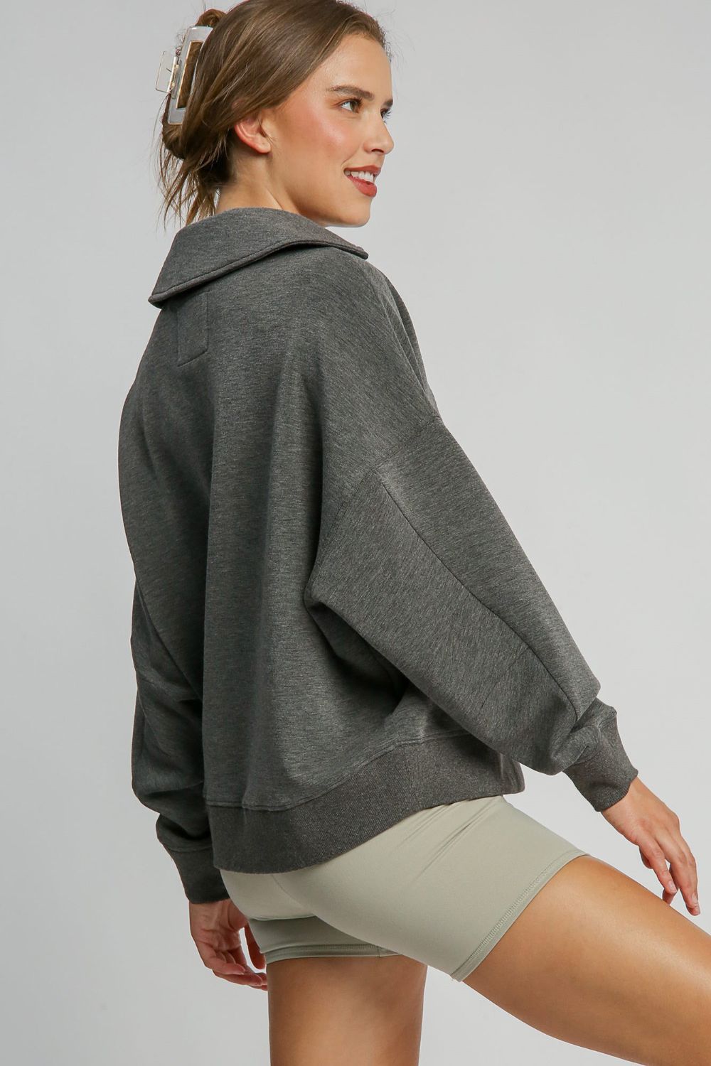 Umgee Johnny Collar Dropped Shoulder Sweatshirt - All Mine Now Clothing