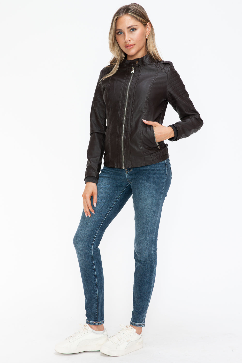 Snobbish PU Leather Biker Jacket with Side Zip Pockets - All Mine Now Clothing