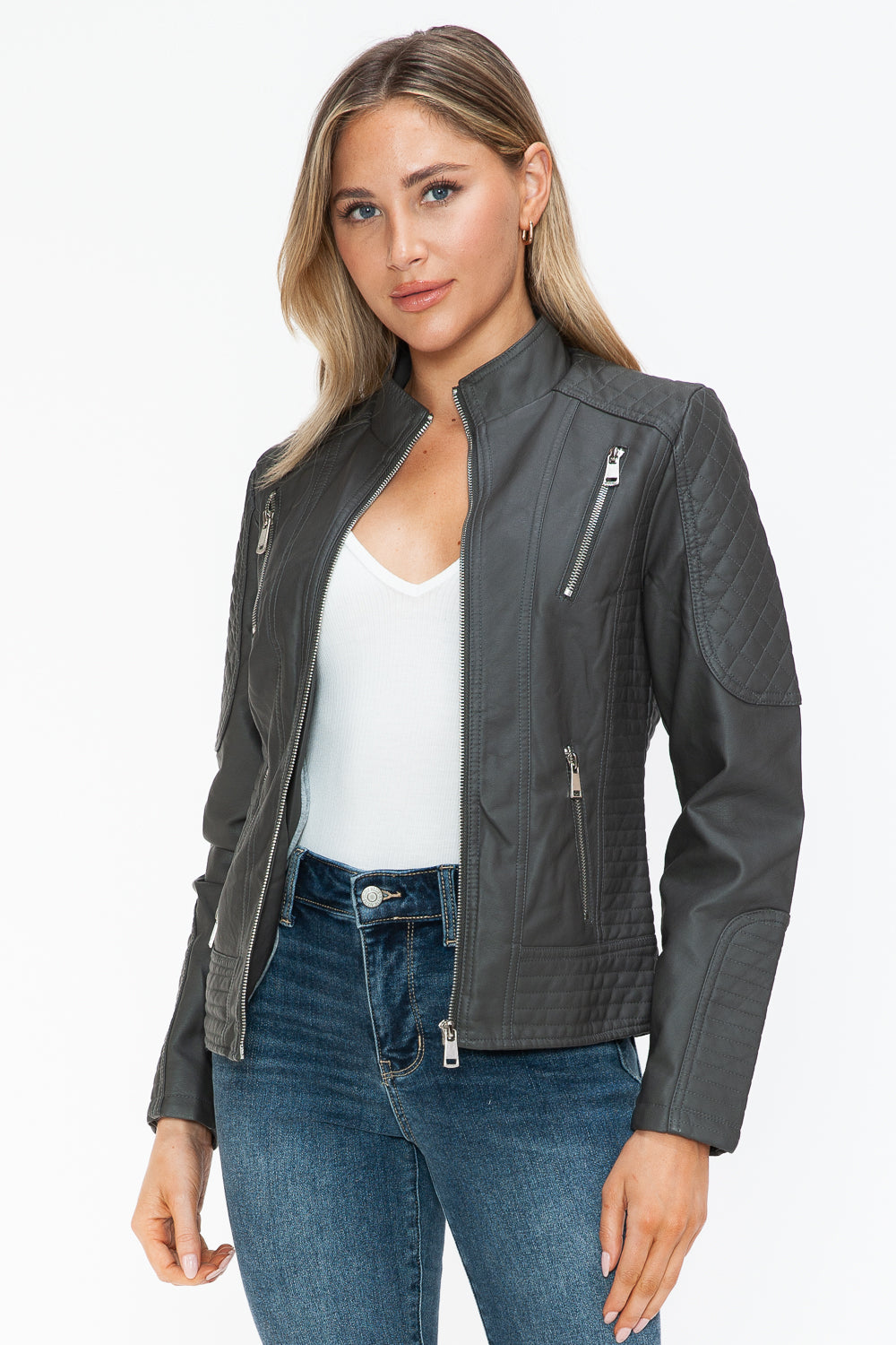 Snobbish Faux Leather Zip Up Mock Neck Jacket - All Mine Now Clothing