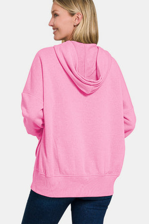 Zenana Half Snap Long Sleeve Hoodie with Kangaroo Pocket - All Mine Now Clothing